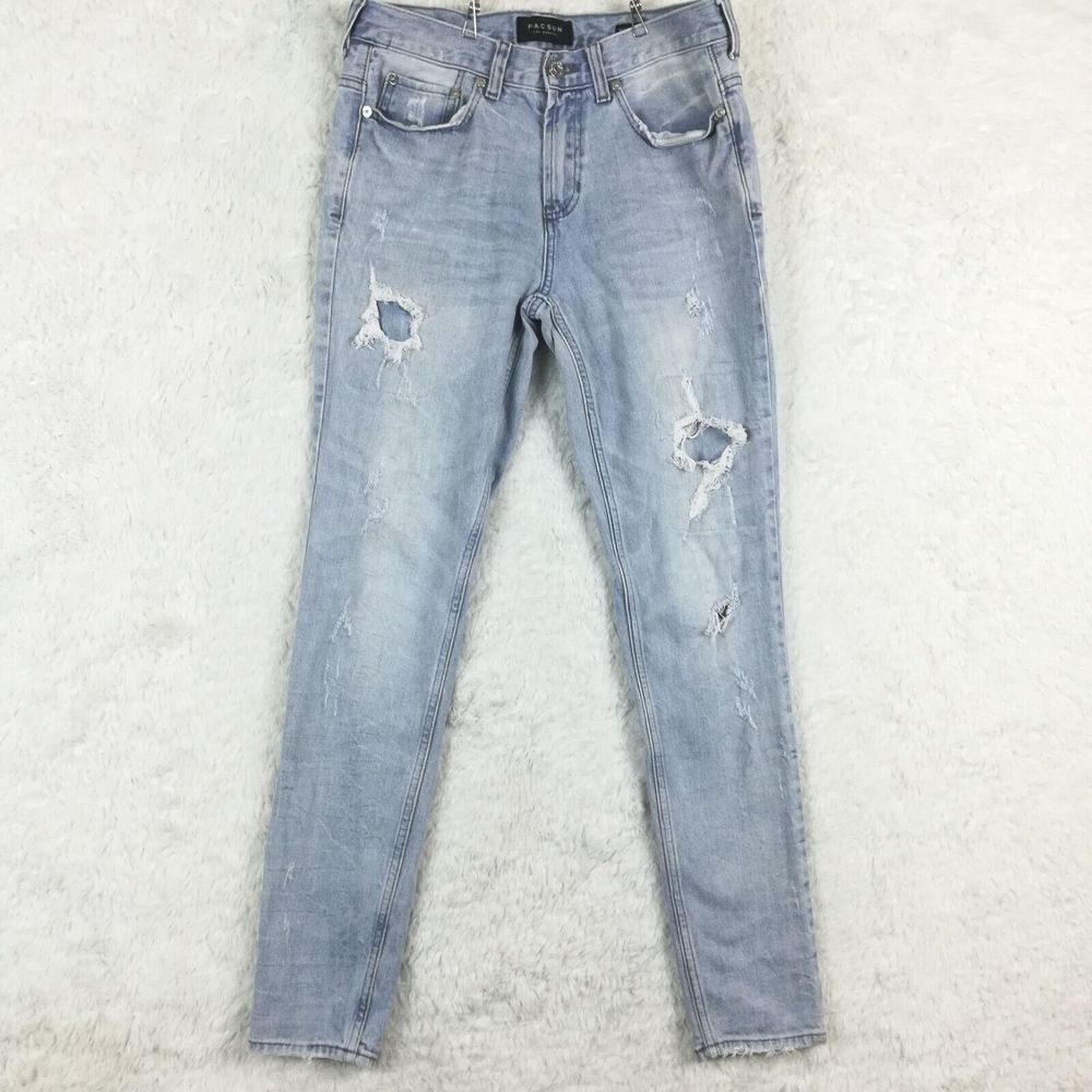 Pacsun‎ Mens Jeans Stacked Skinny Denim Blue Ripped Light Wash Patched 30x30